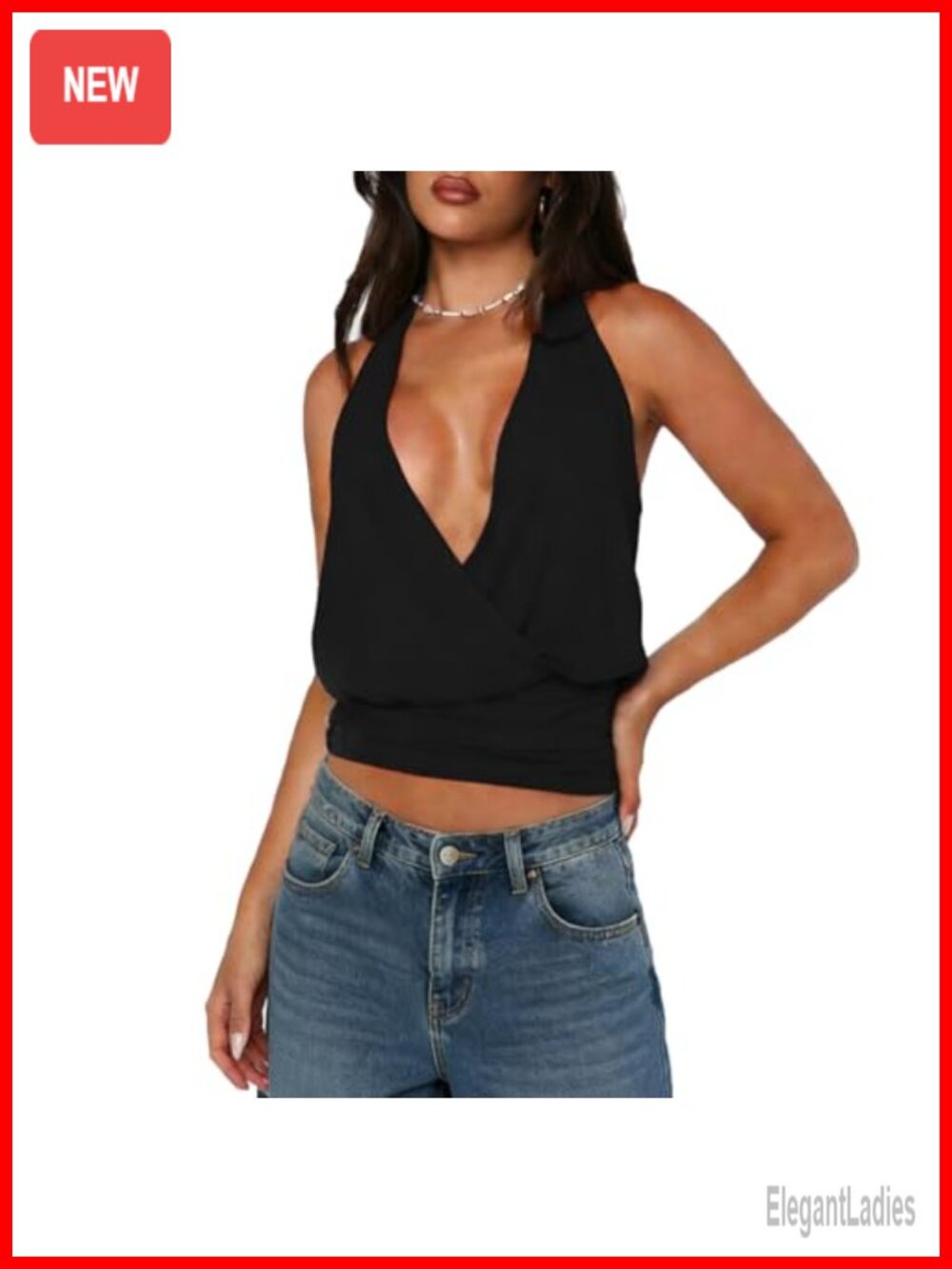 Women's Halter Deep V Neck Backless Sleeveless Slim Waist Party Tank Top